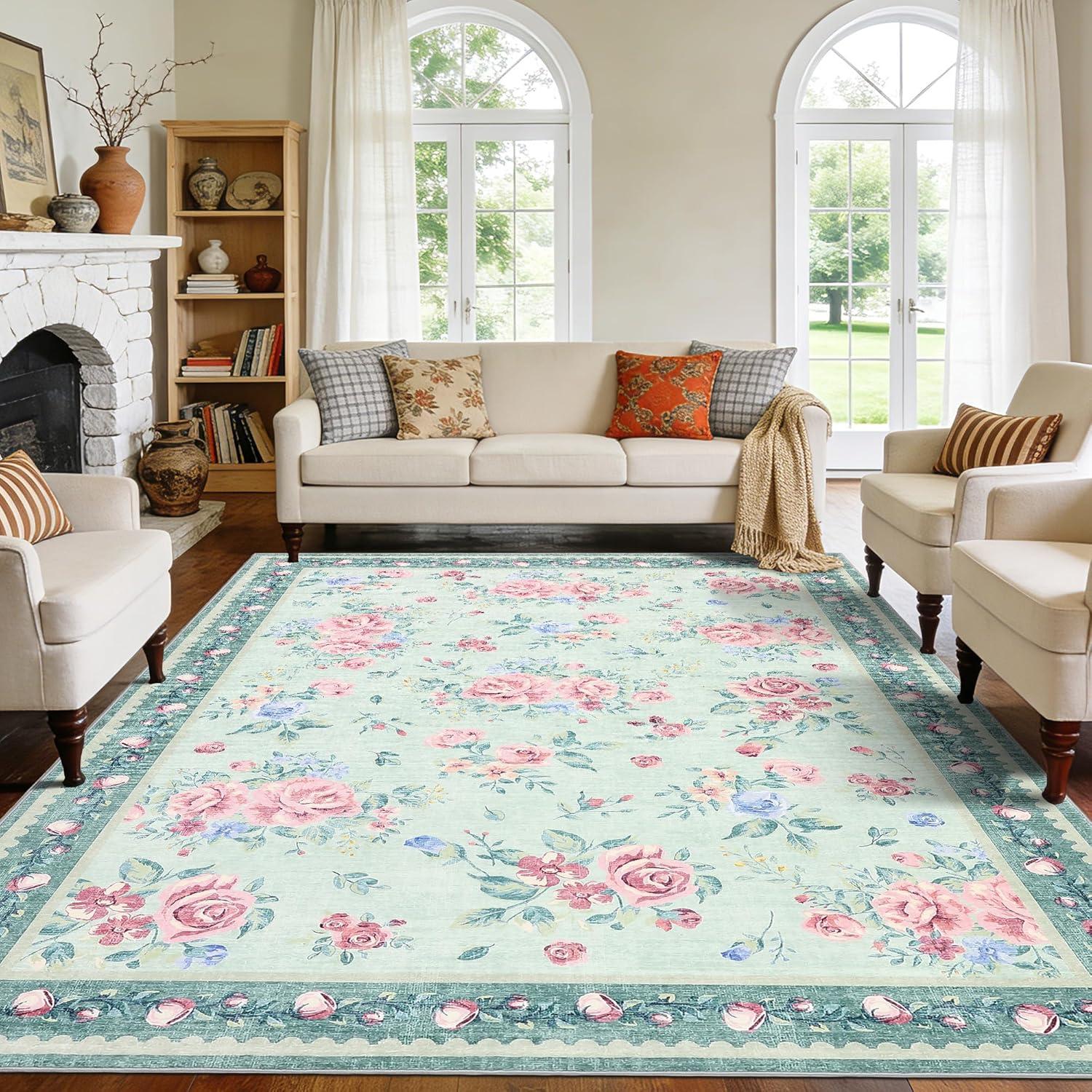 image:imageGarvee Floral Washable Rugs 5x7 Large NonSlip Area Rugs for Living Room Soft Thin Vintage Retro Accent Bedroom Rug Cute Farmhouse Carpet for Dining Room Playroom Nursery GreenFlowergreen