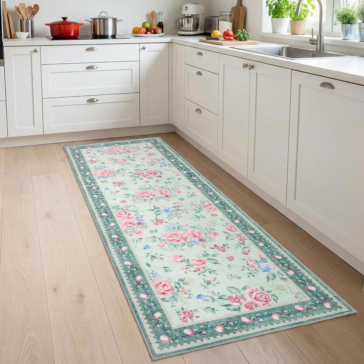 image:imageGarvee Floral Washable Rugs 5x7 Large NonSlip Area Rugs for Living Room Soft Thin Vintage Retro Accent Bedroom Rug Cute Farmhouse Carpet for Dining Room Playroom Nursery GreenFlowergreen