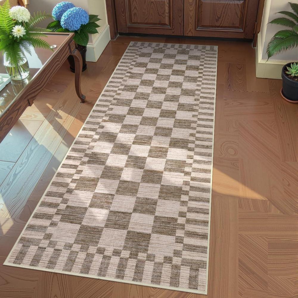 image:imageGarvee 2x6 Kitchen Runner Rugs Non Slip Washable Brown Checkered Rugs Low Pile Stain Resistant Entryway Rug Ultra Thin Hallway Rug Runner Modern Long Throw Carpet for Laundry BedsideModern Plaidbrown