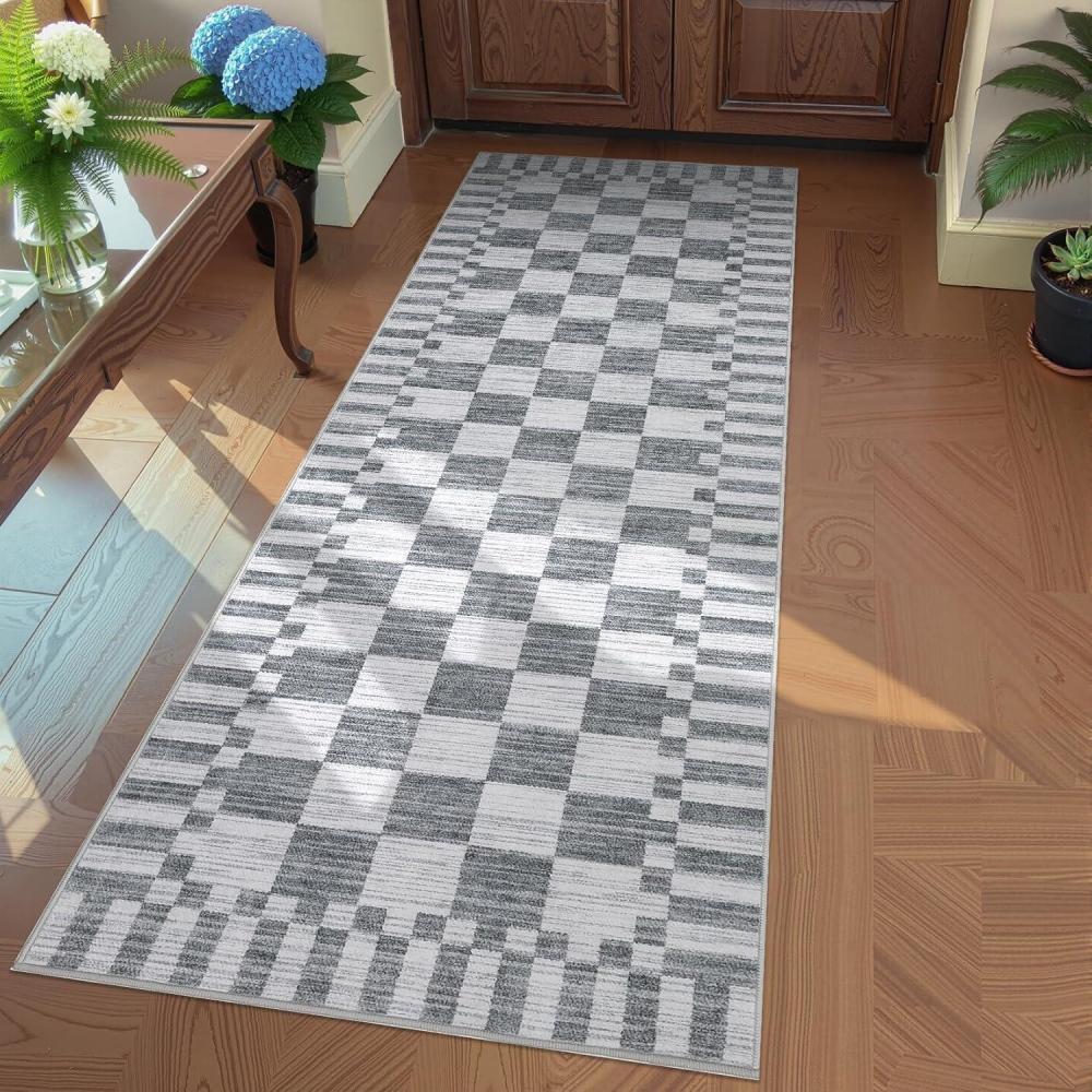 image:imageGarvee 2x6 Kitchen Runner Rugs Non Slip Washable Brown Checkered Rugs Low Pile Stain Resistant Entryway Rug Ultra Thin Hallway Rug Runner Modern Long Throw Carpet for Laundry BedsideModern Plaidlight Grey