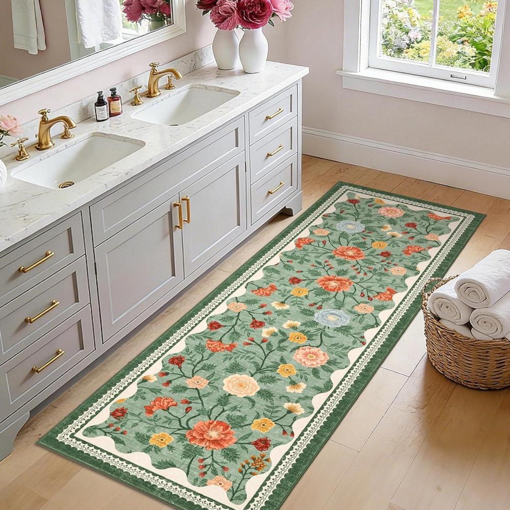 image:imageGarvee 2x6 Vintage Kitchen Rugs Non Slip Washable Distressed Medallion Runner Rug for Bathroom Non Shedding Low Pile Farmhouse Rugs Stain Resistant Foldable Soft Mats for Entryway Bedroom BlueGreen