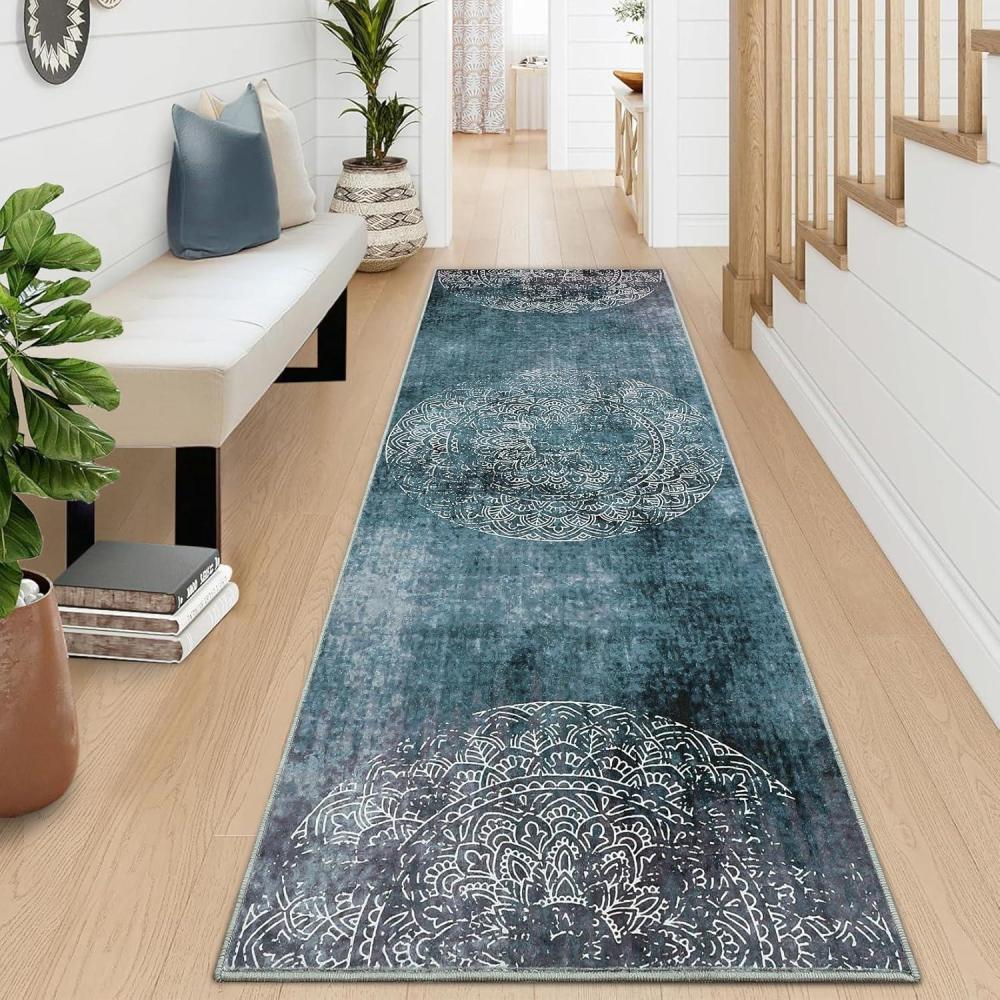 image:imageGarvee 2x6 Vintage Kitchen Rugs Non Slip Washable Distressed Medallion Runner Rug for Bathroom Non Shedding Low Pile Farmhouse Rugs Stain Resistant Foldable Soft Mats for Entryway Bedroom BlueDistressedteal