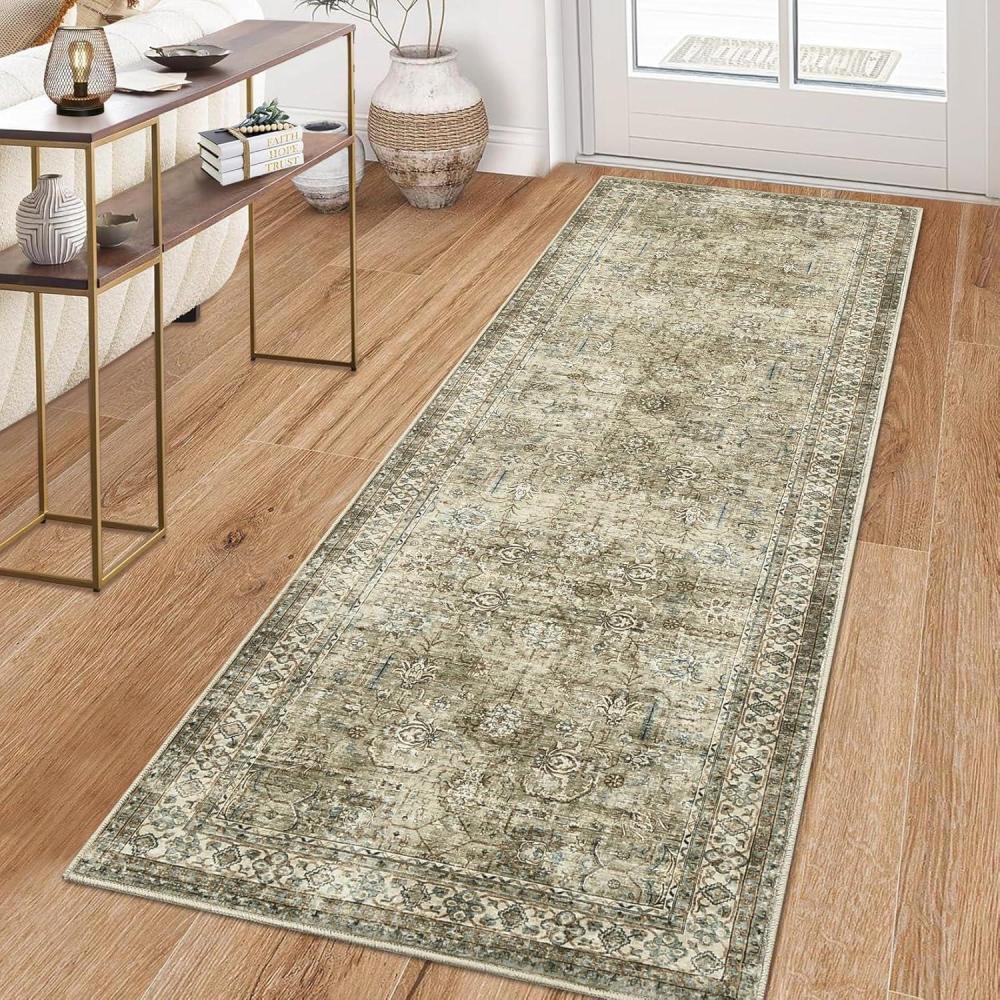 image:imageGarvee 2x6 Vintage Kitchen Rugs Non Slip Washable Distressed Medallion Runner Rug for Bathroom Non Shedding Low Pile Farmhouse Rugs Stain Resistant Foldable Soft Mats for Entryway Bedroom BlueVintagegreen