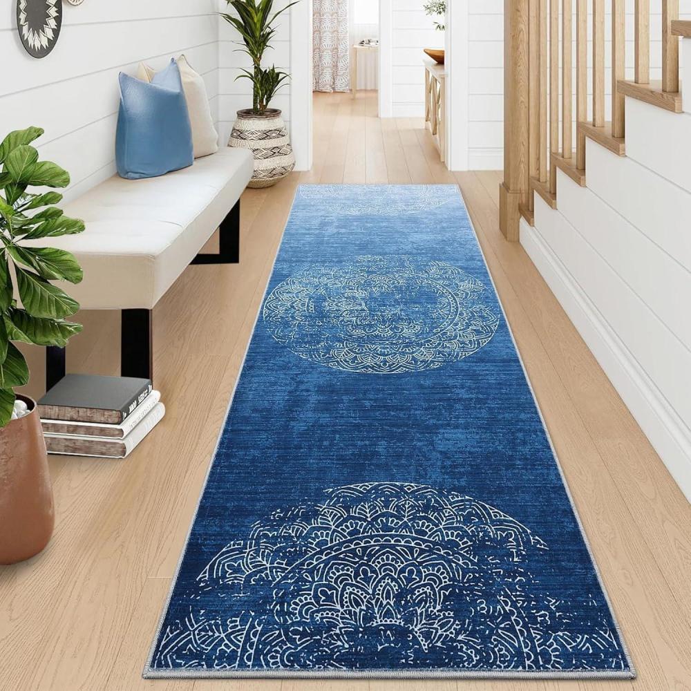 image:imageGarvee 2x6 Vintage Kitchen Rugs Non Slip Washable Distressed Medallion Runner Rug for Bathroom Non Shedding Low Pile Farmhouse Rugs Stain Resistant Foldable Soft Mats for Entryway Bedroom BlueDistressedblue