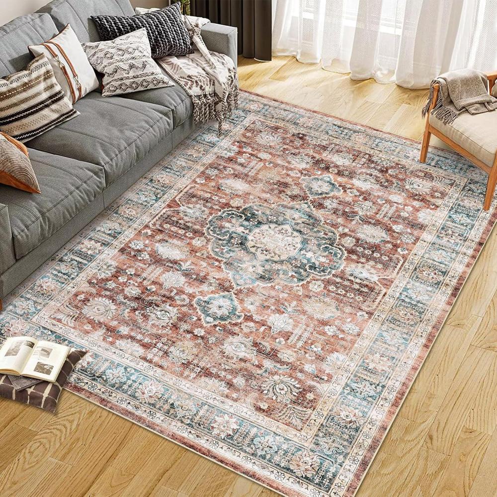 image:imageGarvee 2x6 Vintage Kitchen Rugs Non Slip Washable Distressed Medallion Runner Rug for Bathroom Non Shedding Low Pile Farmhouse Rugs Stain Resistant Foldable Soft Mats for Entryway Bedroom BlueFloralbrick Red