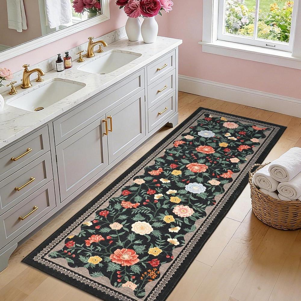 image:imageGarvee 2x6 Vintage Kitchen Rugs Non Slip Washable Distressed Medallion Runner Rug for Bathroom Non Shedding Low Pile Farmhouse Rugs Stain Resistant Foldable Soft Mats for Entryway Bedroom BlueBlack