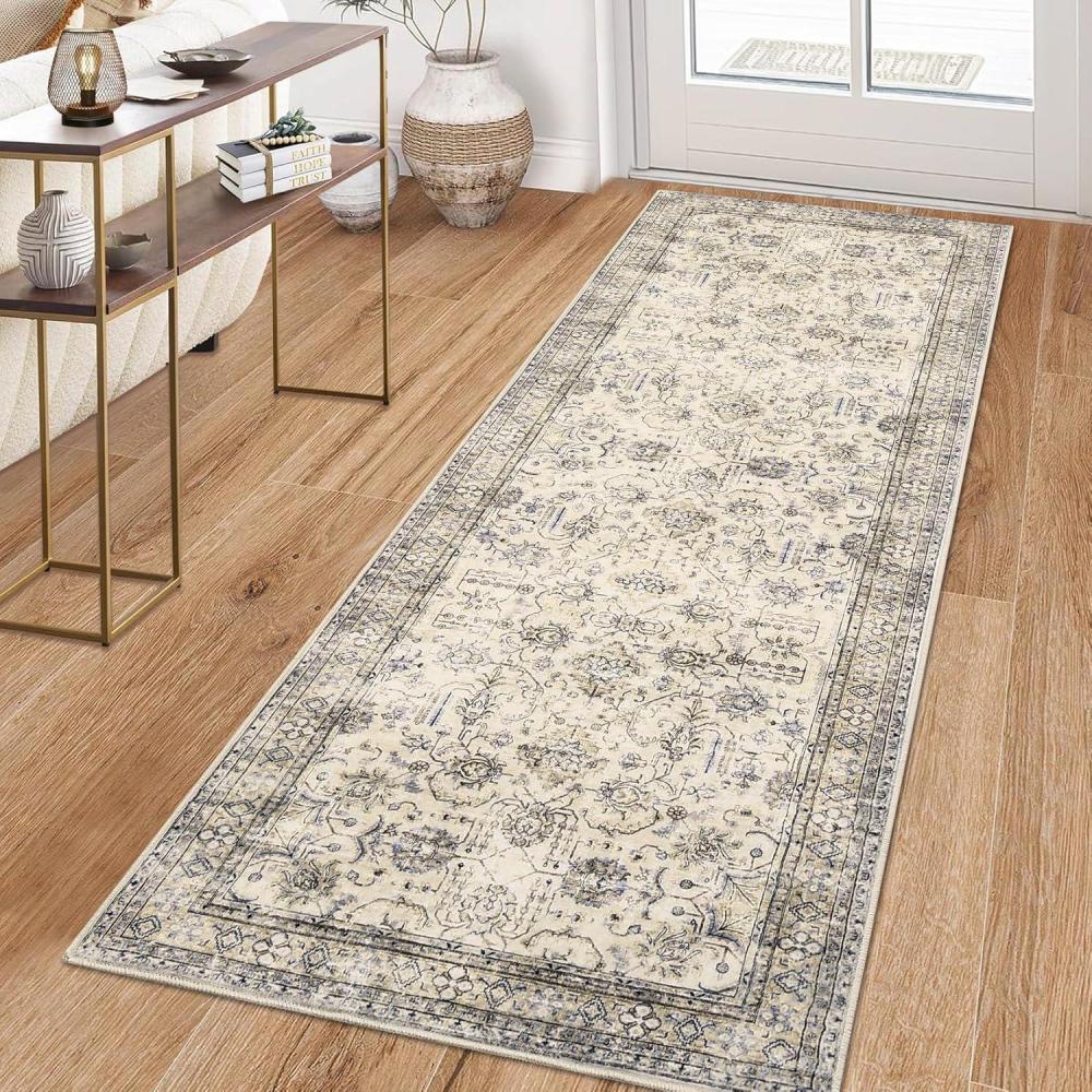 image:imageGarvee 2x6 Vintage Kitchen Rugs Non Slip Washable Distressed Medallion Runner Rug for Bathroom Non Shedding Low Pile Farmhouse Rugs Stain Resistant Foldable Soft Mats for Entryway Bedroom BlueVintagebeige