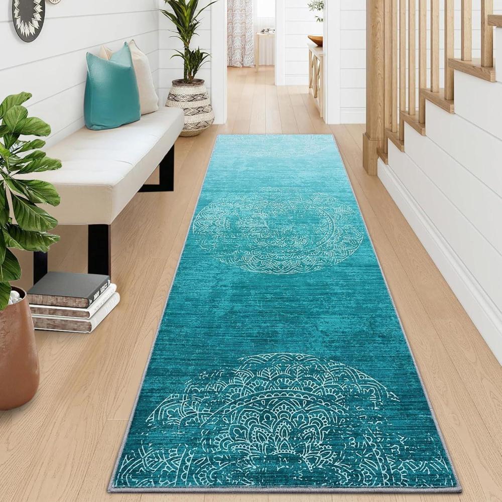 image:imageGarvee 2x6 Vintage Kitchen Rugs Non Slip Washable Distressed Medallion Runner Rug for Bathroom Non Shedding Low Pile Farmhouse Rugs Stain Resistant Foldable Soft Mats for Entryway Bedroom BlueDistressedturquoise