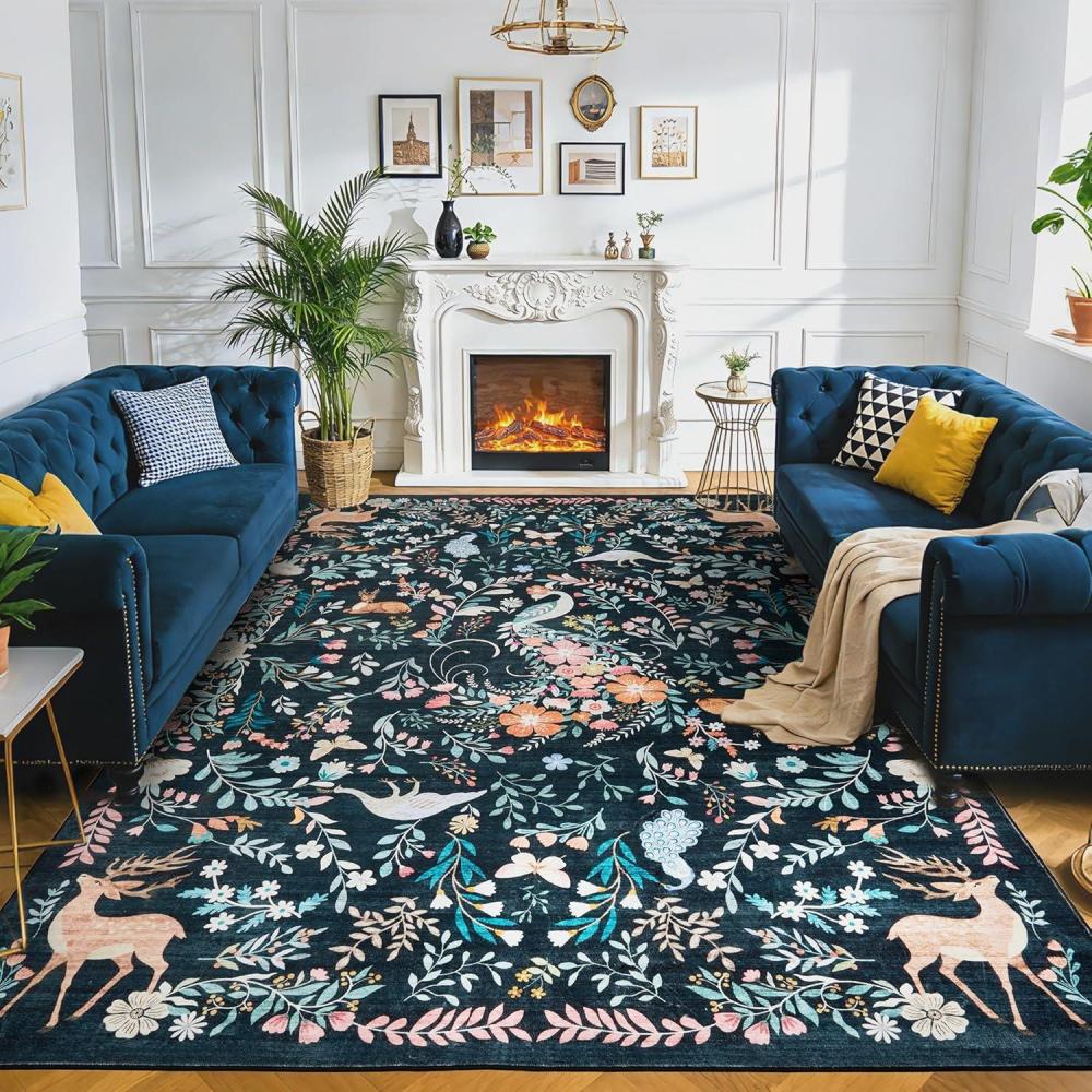 image:imageGarvee 9x12 Washable Area Rug NonSlip Low Pile Stain Resistance Rug with Peacock and Deer Animal Carpet for Living Room Bedroom Dining Room Light BrownBlack