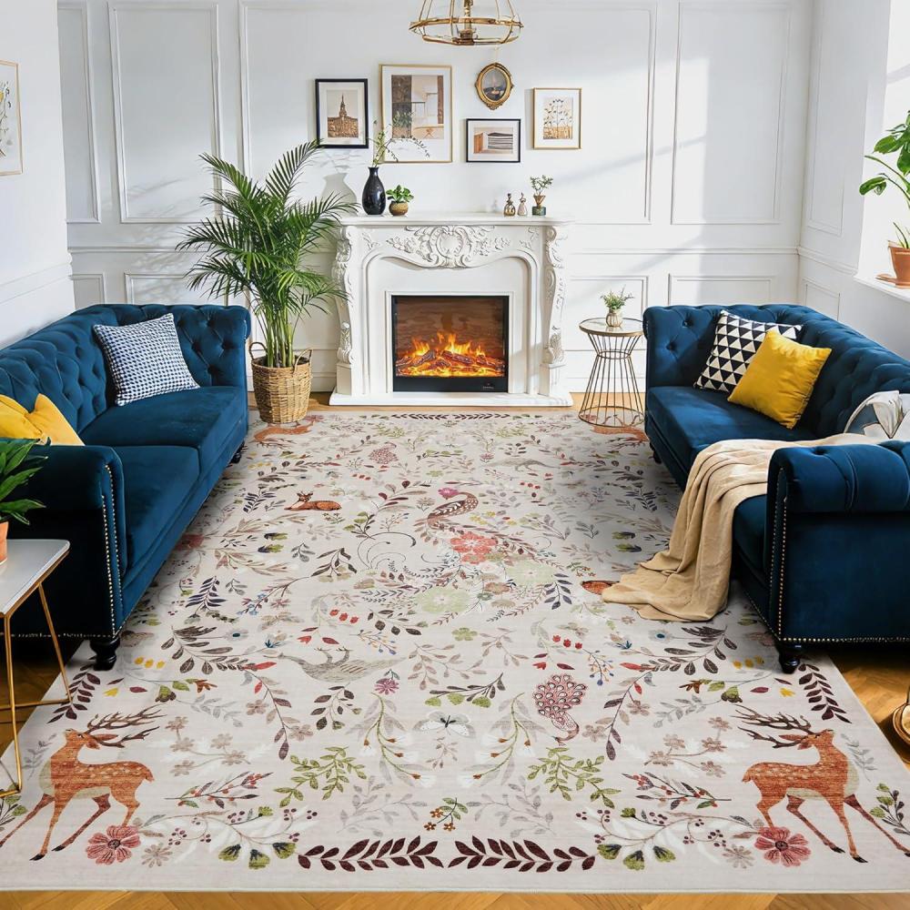 image:imageGarvee 9x12 Washable Area Rug NonSlip Low Pile Stain Resistance Rug with Peacock and Deer Animal Carpet for Living Room Bedroom Dining Room Light BrownLight Brown
