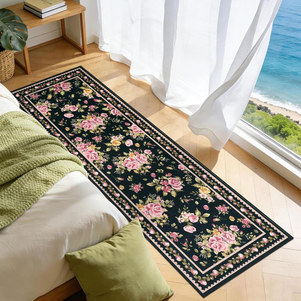 image:imageGarvee Floral Washable Rugs 5x7 Large NonSlip Area Rugs for Living Room Soft Thin Vintage Retro Accent Bedroom Rug Cute Farmhouse Carpet for Dining Room Playroom Nursery GreenFlowerblack