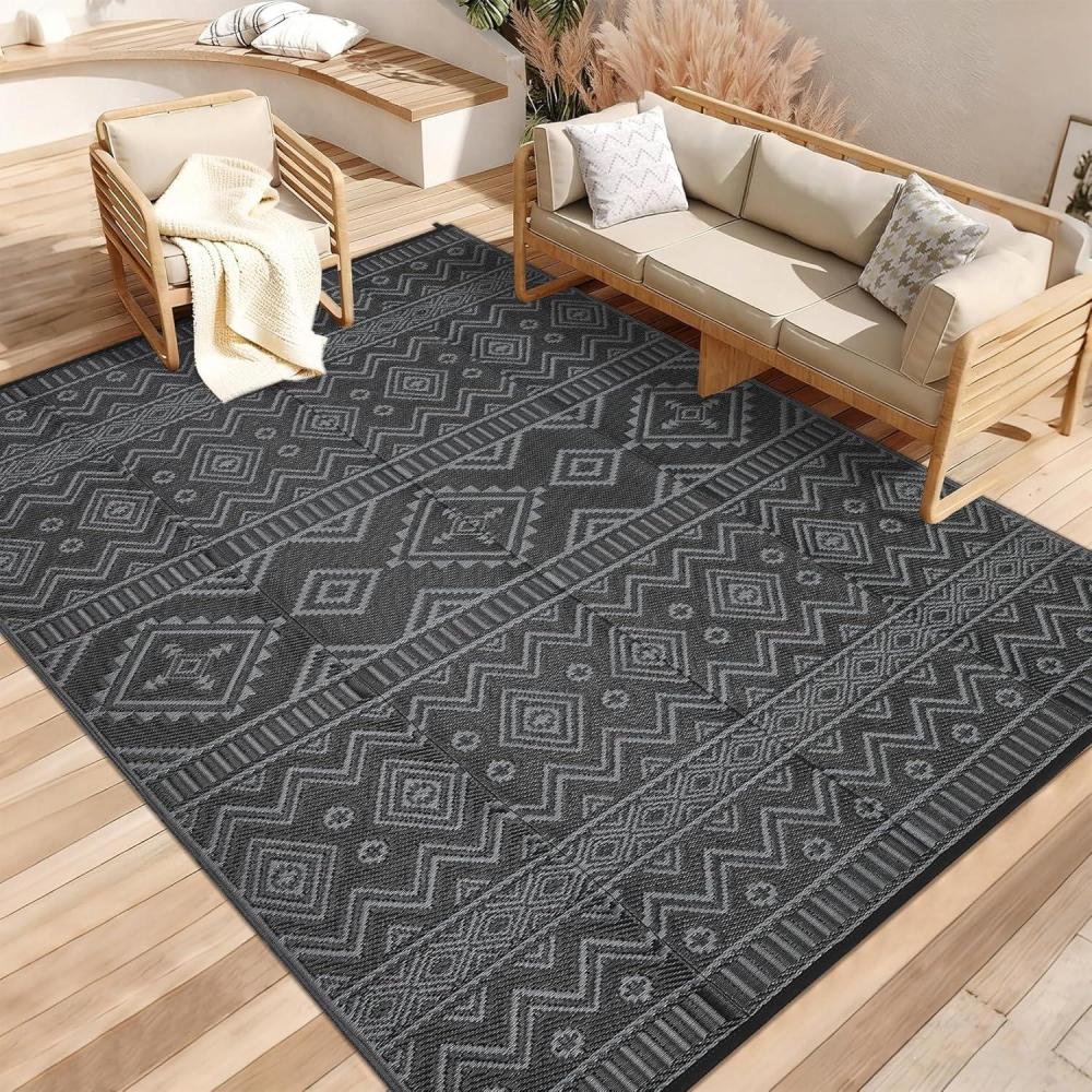 image:imageGarvee Outdoor Rug 9x18 Waterproof Reversible Boho Plastic Straw Mat Lightweight Foldable Indoor Green Yellow Outdoor Carpet for Patio Balcony Deck Picnic Beach RVBlackGray