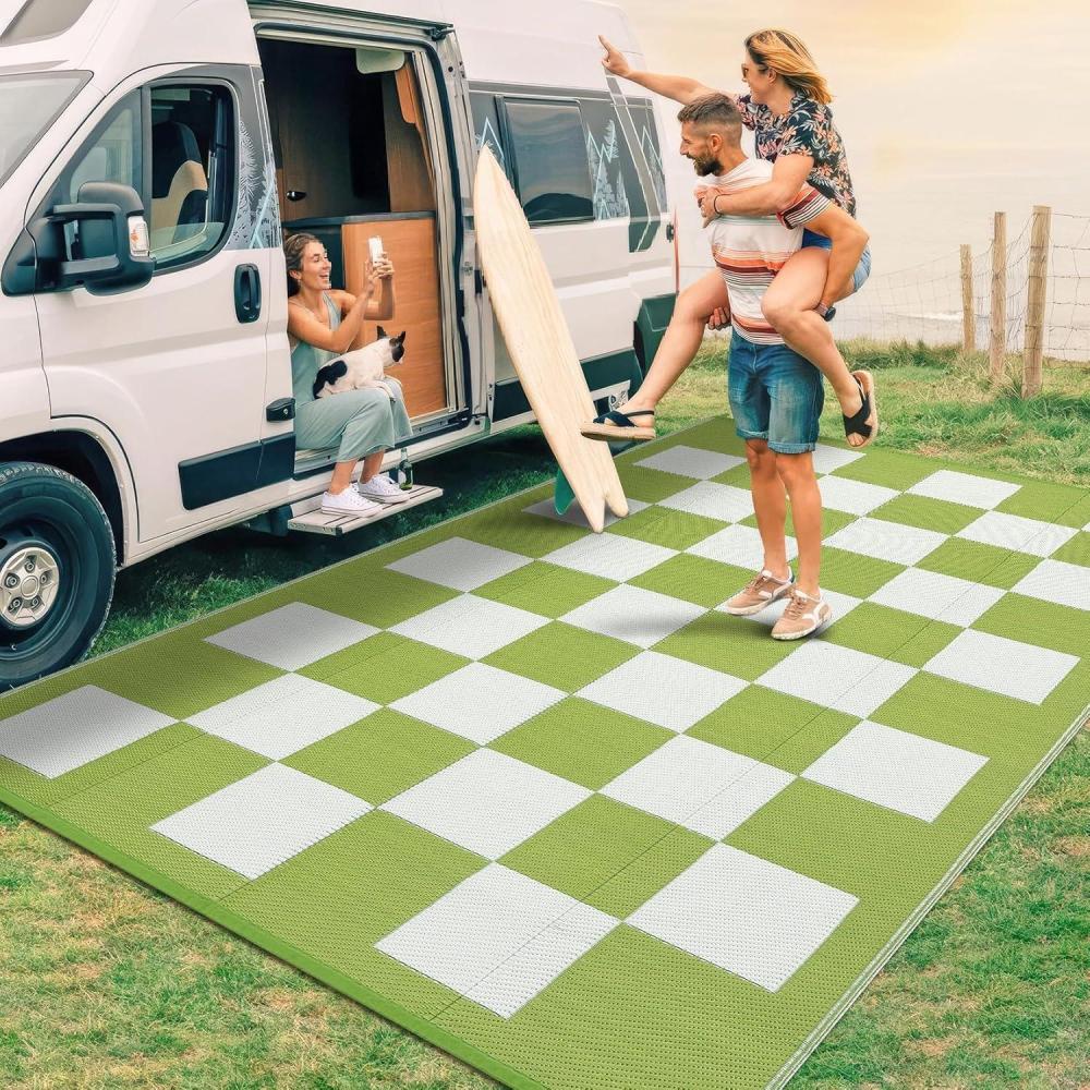 image:imageGarvee Outdoor Rug 9x18 Waterproof Reversible Boho Plastic Straw Mat Lightweight Foldable Indoor Green Yellow Outdoor Carpet for Patio Balcony Deck Picnic Beach RVGreenWhite34jv