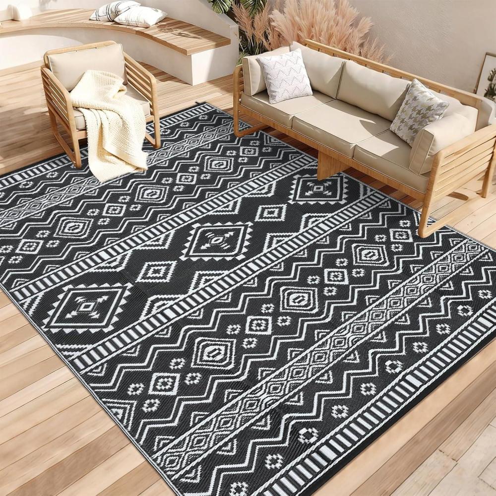 image:imageGarvee Outdoor Rug 9x18 Waterproof Reversible Boho Plastic Straw Mat Lightweight Foldable Indoor Green Yellow Outdoor Carpet for Patio Balcony Deck Picnic Beach RVGeom BlackWhite