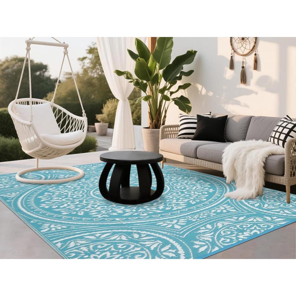 image:imageGarvee Outdoor Rug 9x18 Waterproof Reversible Boho Plastic Straw Mat Lightweight Foldable Indoor Green Yellow Outdoor Carpet for Patio Balcony Deck Picnic Beach RVBoho  Light BlueWhite