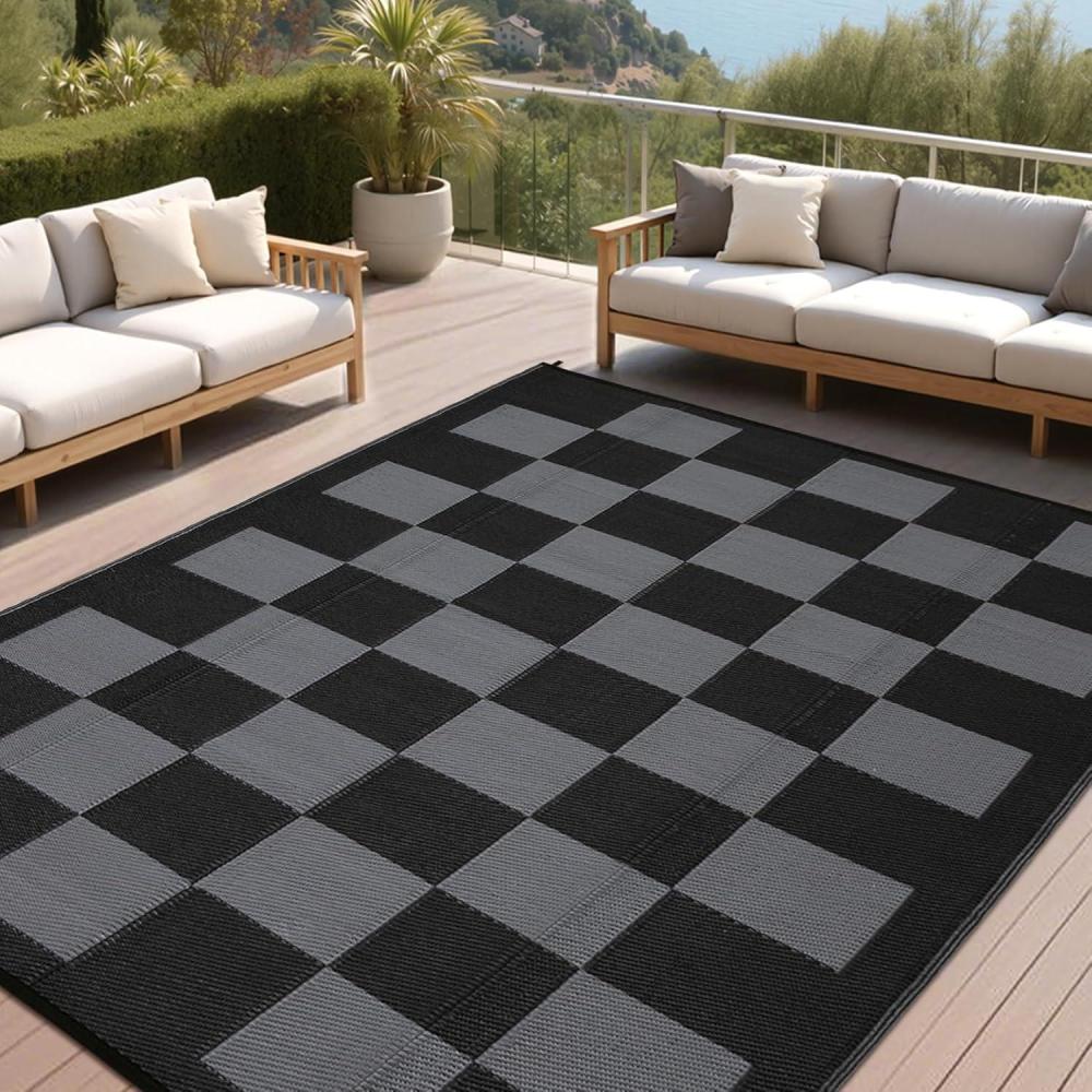 image:imageGarvee Outdoor Rug 9x18 Waterproof Reversible Boho Plastic Straw Mat Lightweight Foldable Indoor Green Yellow Outdoor Carpet for Patio Balcony Deck Picnic Beach RVBlackGrey