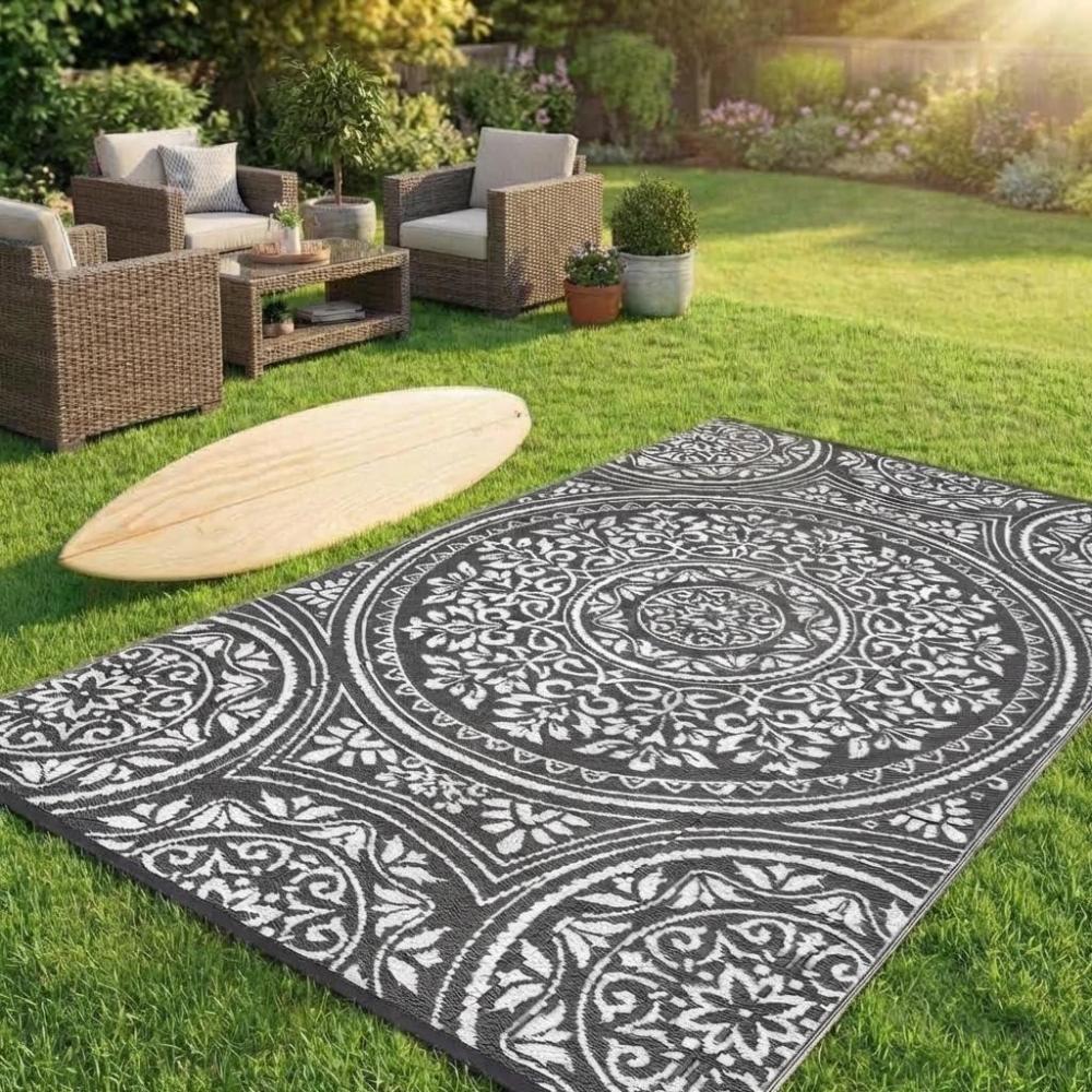 image:imageGarvee Outdoor Rug 9x18 Waterproof Reversible Boho Plastic Straw Mat Lightweight Foldable Indoor Green Yellow Outdoor Carpet for Patio Balcony Deck Picnic Beach RVBoho  GreyWhite