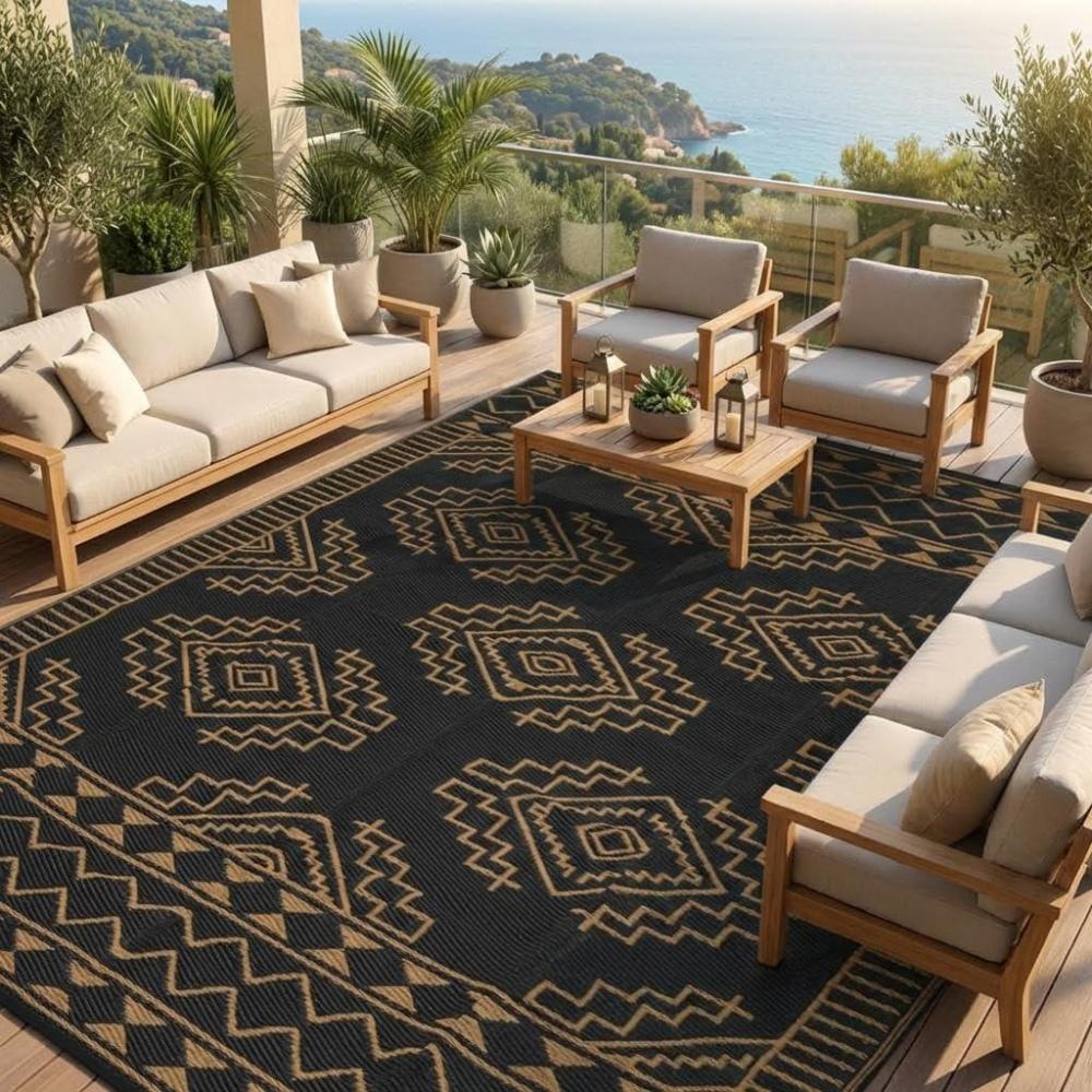 image:imageGarvee Outdoor Rug 9x18 Waterproof Reversible Boho Plastic Straw Mat Lightweight Foldable Indoor Green Yellow Outdoor Carpet for Patio Balcony Deck Picnic Beach RVBrownBlack