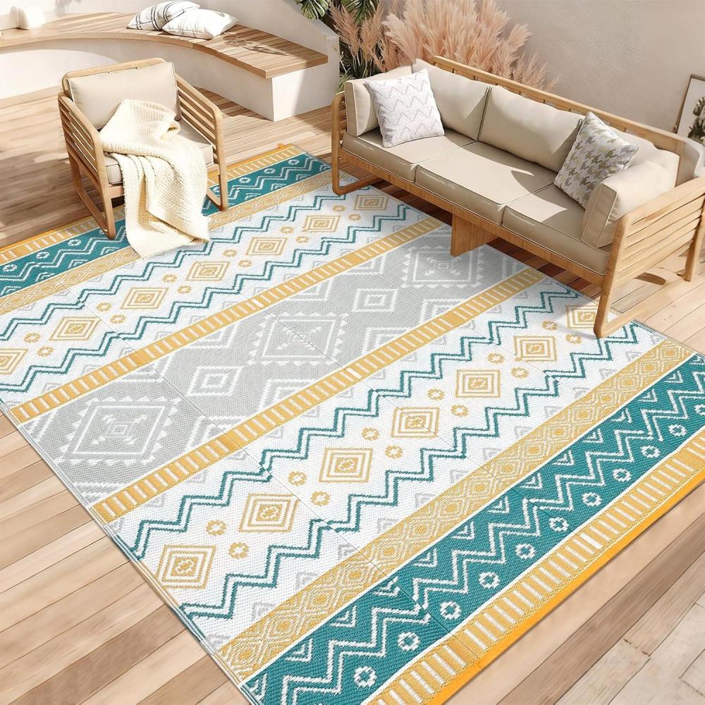 image:imageGarvee Outdoor Rug 9x18 Waterproof Reversible Boho Plastic Straw Mat Lightweight Foldable Indoor Green Yellow Outdoor Carpet for Patio Balcony Deck Picnic Beach RVYellowGreenGrayWhite