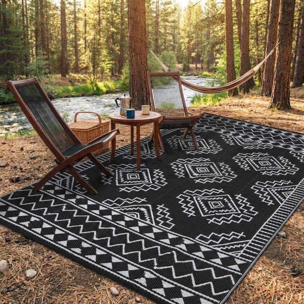 image:imageGarvee Outdoor Rug 9x18 Waterproof Reversible Boho Plastic Straw Mat Lightweight Foldable Indoor Green Yellow Outdoor Carpet for Patio Balcony Deck Picnic Beach RVWhiteBlack