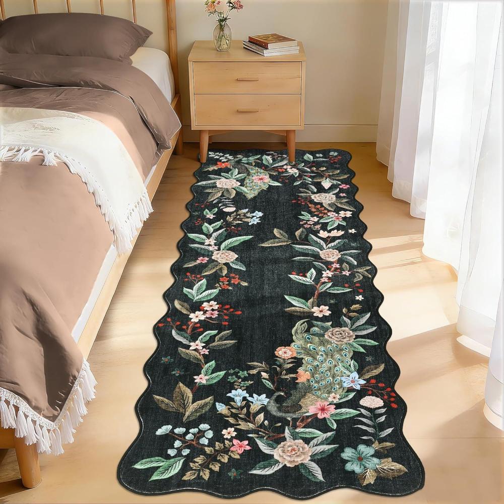 image:imageGarvee Scalloped Floral Peacock 4x6 Rug Washable Large Non Slip Nursery Rugs Indoor Farmhouse Low Pile Area Rug for Bedroom Living Room Ultra Thin Botanical Home Decor Carpet Mat BeigePeacockblack