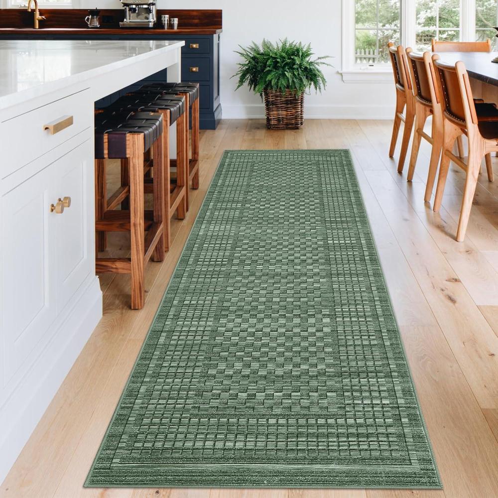 image:imageGarvee Washable Runner Rugs for Hallway 2x6 Modern Bordered Non Slip Kitchen Laundry Rug LowPile NonShedding Geometric Floor Carpet Runners for Bathroom Bedroom Bedside LinenPlaidgreen