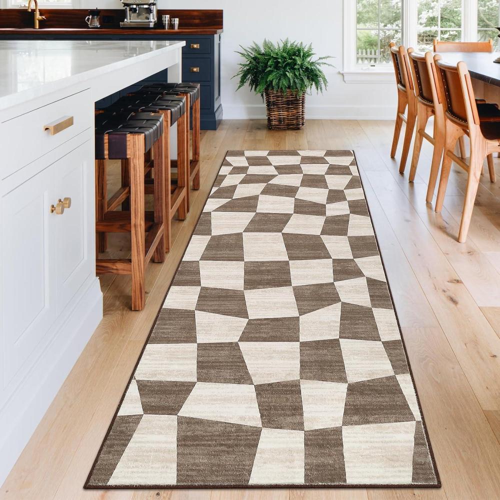 image:imageGarvee Washable Runner Rugs for Hallway 2x6 Modern Bordered Non Slip Kitchen Laundry Rug LowPile NonShedding Geometric Floor Carpet Runners for Bathroom Bedroom Bedside LinenCheckeredbrown