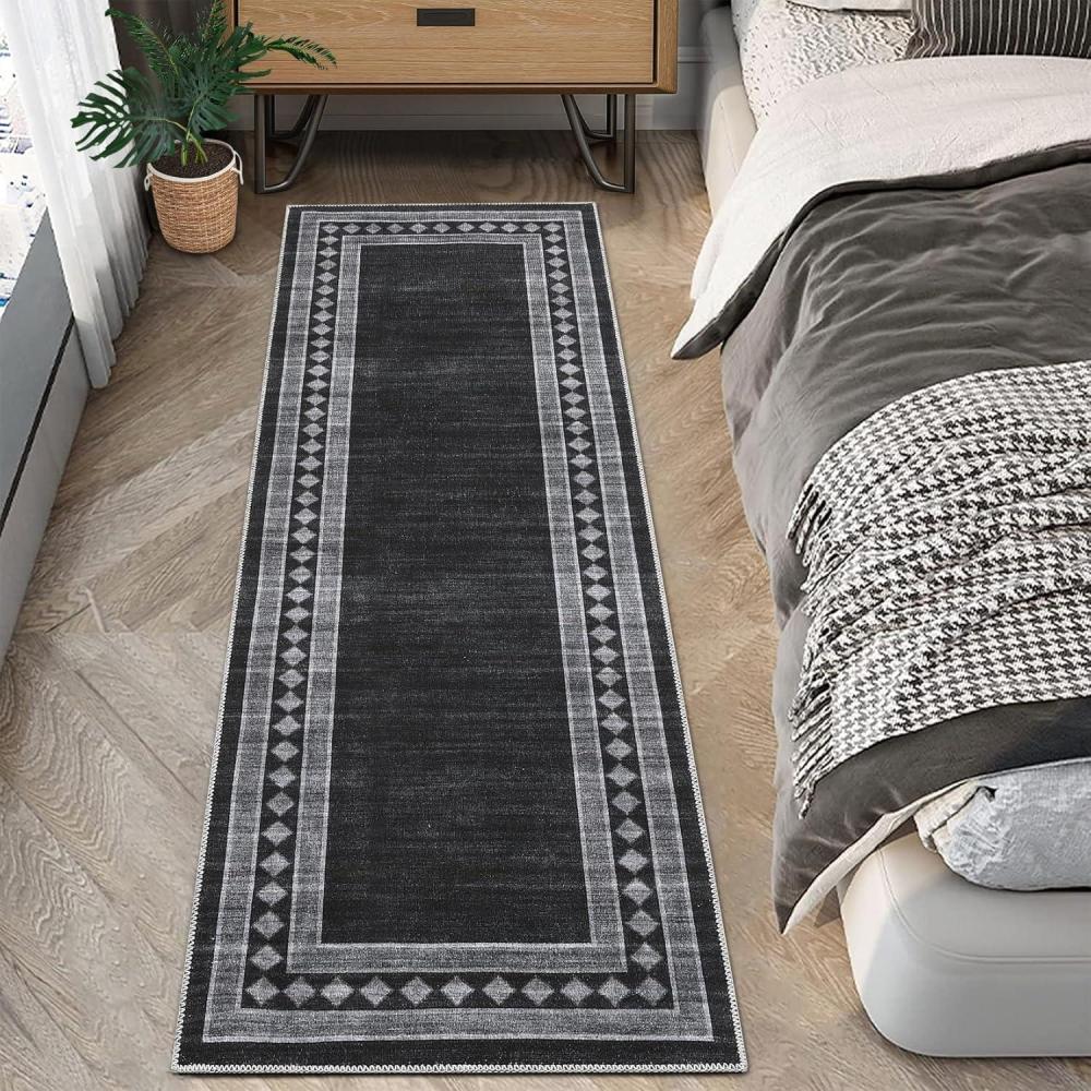 image:imageGarvee Washable Runner Rugs for Hallway 2x6 Modern Bordered Non Slip Kitchen Laundry Rug LowPile NonShedding Geometric Floor Carpet Runners for Bathroom Bedroom Bedside LinenBorderedblack