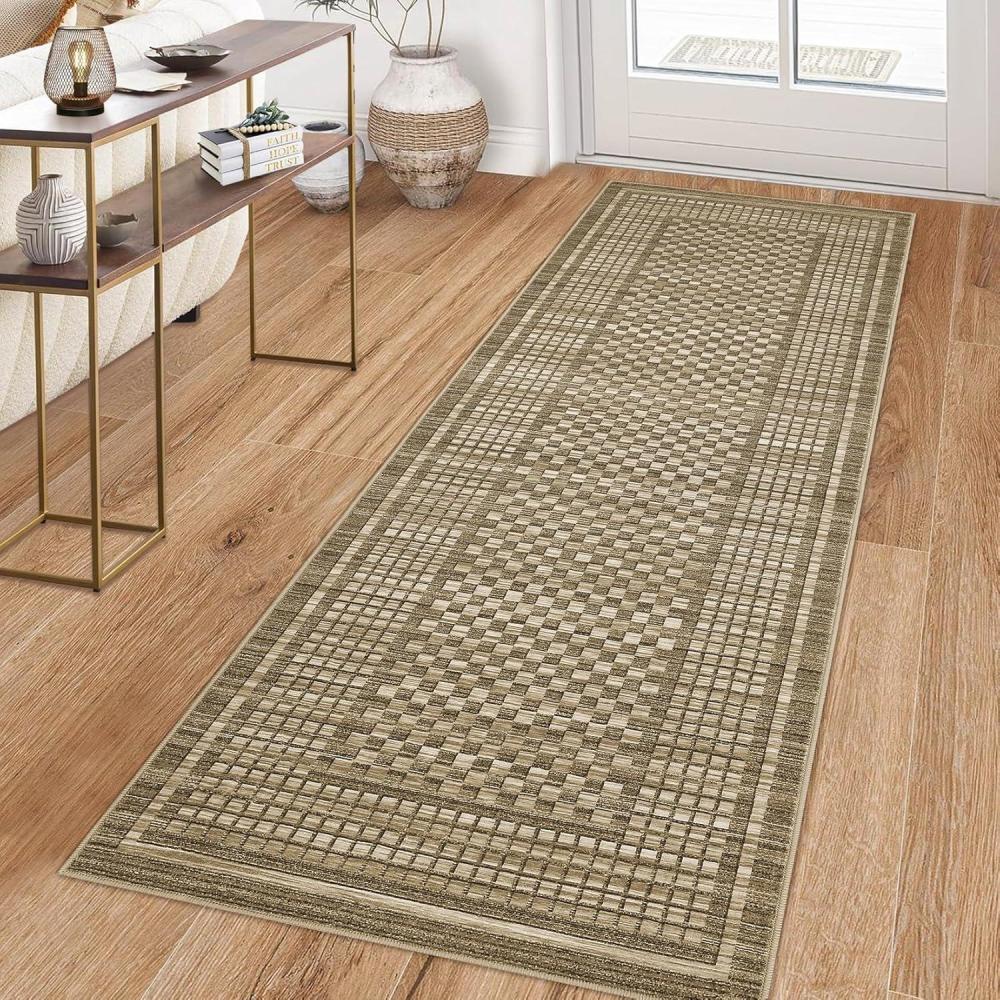 image:imageGarvee Washable Runner Rugs for Hallway 2x6 Modern Bordered Non Slip Kitchen Laundry Rug LowPile NonShedding Geometric Floor Carpet Runners for Bathroom Bedroom Bedside LinenPlaidbrown