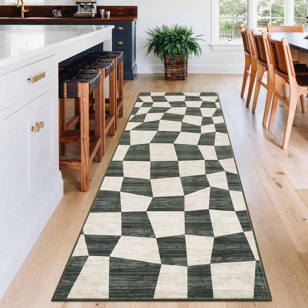 image:imageGarvee Washable Runner Rugs for Hallway 2x6 Modern Bordered Non Slip Kitchen Laundry Rug LowPile NonShedding Geometric Floor Carpet Runners for Bathroom Bedroom Bedside LinenCheckeredgreen