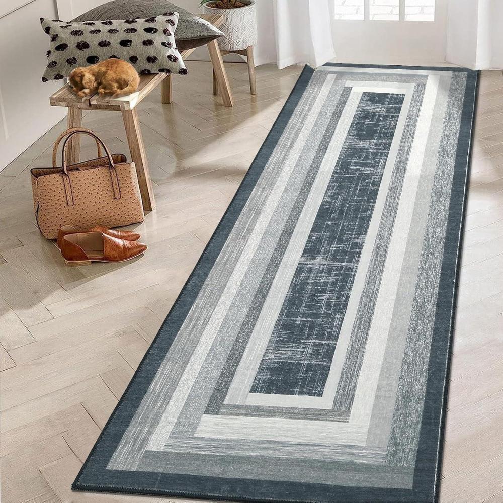 image:imageGarvee Washable Runner Rugs for Hallway 2x6 Modern Bordered Non Slip Kitchen Laundry Rug LowPile NonShedding Geometric Floor Carpet Runners for Bathroom Bedroom Bedside LinenMinimalistgrey