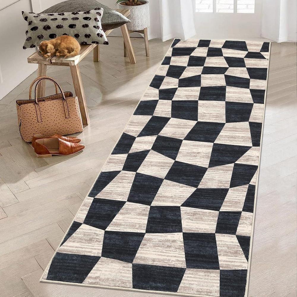 image:imageGarvee Washable Runner Rugs for Hallway 2x6 Modern Bordered Non Slip Kitchen Laundry Rug LowPile NonShedding Geometric Floor Carpet Runners for Bathroom Bedroom Bedside LinenCheckereddark Blue
