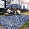 Garvee Outdoor Rug 9×18 Waterproof Reversible Boho Plastic Straw Mat, Lightweight Foldable Indoor Green Yellow Outdoor Carpet for Patio Balcony Deck Picnic Beach RV(Navy Blue/White)
