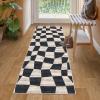 Garvee Washable Runner Rugs for Hallway 2×6 Modern Bordered Non Slip Kitchen Laundry Rug Low-Pile Non-Shedding Geometric Floor Carpet Runners for Bathroom Bedroom Bedside, Linen(Checkered|dark Blue)