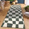 Garvee Washable Runner Rugs for Hallway 2×6 Modern Bordered Non Slip Kitchen Laundry Rug Low-Pile Non-Shedding Geometric Floor Carpet Runners for Bathroom Bedroom Bedside, Linen(Checkered|green)