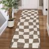 Garvee Washable Runner Rugs for Hallway 2×6 Modern Bordered Non Slip Kitchen Laundry Rug Low-Pile Non-Shedding Geometric Floor Carpet Runners for Bathroom Bedroom Bedside, Linen(Checkered|brown)