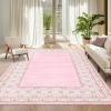 Garvee Washable Pink 4×6 Area Rugs for Girls Bedroom, Large Non Slip Living Room Rug Geometric Bordered Accent Carpet for Dining Room Office Ultra Thin Low Pile Floor Rugs for Nursery Playroom