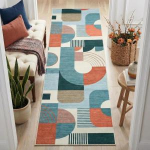 5×7 Area Rugs, Boho Washable Rugs for Living Room Bedroom Dining Room, Soft Modern Abstract Large Throw Floor Carpet Non Slip, Orange/Pink, 5’x7′(Blue Multi)