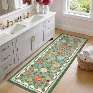 Garvee 2×6 Vintage Kitchen Rugs Non Slip Washable, Distressed Medallion Runner Rug for Bathroom, Non Shedding Low Pile Farmhouse Rugs Stain Resistant Foldable Soft Mats for Entryway, Bedroom, Blue(Green)