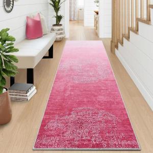 Garvee 2×6 Vintage Kitchen Rugs Non Slip Washable, Distressed Medallion Runner Rug for Bathroom, Non Shedding Low Pile Farmhouse Rugs Stain Resistant Foldable Soft Mats for Entryway, Bedroom, Blue(Distressed|pink)