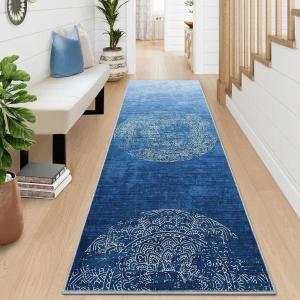 Garvee 2×6 Vintage Kitchen Rugs Non Slip Washable, Distressed Medallion Runner Rug for Bathroom, Non Shedding Low Pile Farmhouse Rugs Stain Resistant Foldable Soft Mats for Entryway, Bedroom, Blue(Distressed|blue)