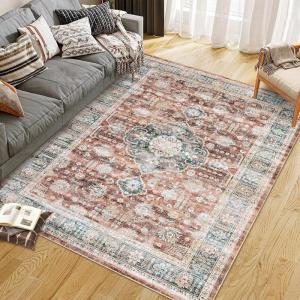 Garvee 2×6 Vintage Kitchen Rugs Non Slip Washable, Distressed Medallion Runner Rug for Bathroom, Non Shedding Low Pile Farmhouse Rugs Stain Resistant Foldable Soft Mats for Entryway, Bedroom, Blue(Floral|brick Red)