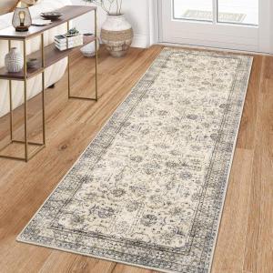 Garvee 2×6 Vintage Kitchen Rugs Non Slip Washable, Distressed Medallion Runner Rug for Bathroom, Non Shedding Low Pile Farmhouse Rugs Stain Resistant Foldable Soft Mats for Entryway, Bedroom, Blue(Vintage|beige)