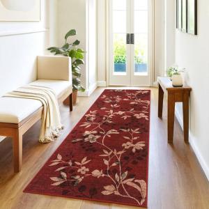 Garvee 8×10 Washable Living Room Rugs, Non Slip 8 x 10 Bedroom Rugs, Indoor Modern Floral Print Floor Cover for Dining Room, Ultra Thin Low Pile Botanical Mat for Home Office, Beige(Floral|red)