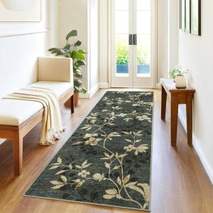 Garvee 8×10 Washable Living Room Rugs, Non Slip 8 x 10 Bedroom Rugs, Indoor Modern Floral Print Floor Cover for Dining Room, Ultra Thin Low Pile Botanical Mat for Home Office, Beige(Floral|green)