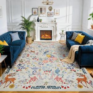 Garvee 9×12 Washable Area Rug, Non-Slip Low Pile Stain Resistance Rug with Peacock and Deer, Animal Carpet for Living Room, Bedroom, Dining Room, Light Brown(Beige)