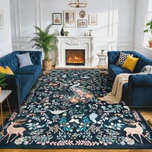 Garvee 9×12 Washable Area Rug, Non-Slip Low Pile Stain Resistance Rug with Peacock and Deer, Animal Carpet for Living Room, Bedroom, Dining Room, Light Brown(Black)