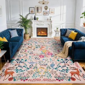 Garvee 9×12 Washable Area Rug, Non-Slip Low Pile Stain Resistance Rug with Peacock and Deer, Animal Carpet for Living Room, Bedroom, Dining Room, Light Brown(Pink)