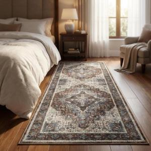 Garvee Floral 9×12 Washable Area Rug for Living Room, Indoor Vintage Non Slip Bedroom Rugs, Low Pile Stain Resistant Distressed Large Rugs for Dining Room, Ultra Thin Throw Rug for Home Office, Taupe(Oriental|red)