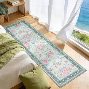 Garvee Floral Washable Rugs 5×7, Large Non-Slip Area Rugs for Living Room, Soft Thin Vintage Retro Accent Bedroom Rug, Cute Farmhouse Carpet for Dining Room Playroom Nursery, Green(Flower|green)